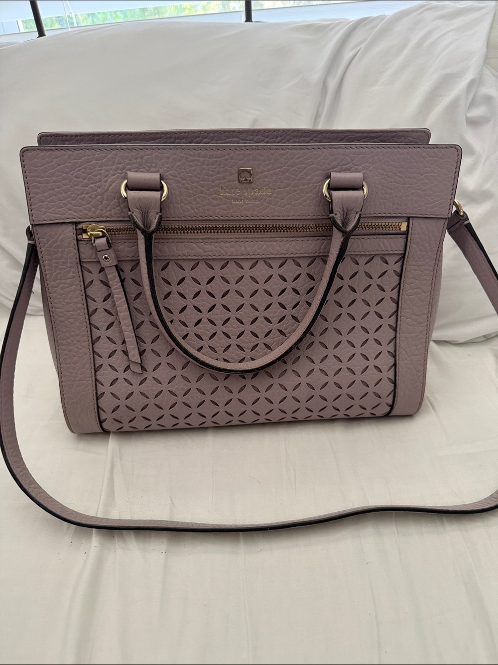 kate spade mauve perforated leather satchel